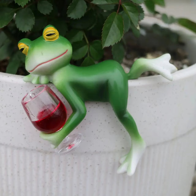Tipsy Green Frog Flower Pot Hanger with Wine Glass Whimsical Garden Ornament
