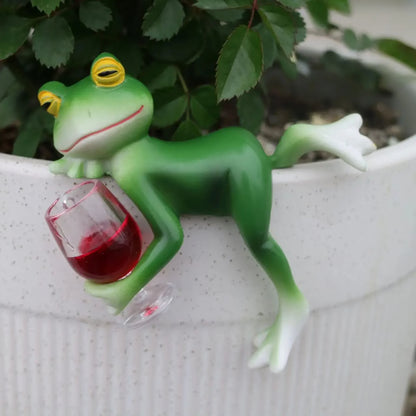 Tipsy Green Frog Flower Pot Hanger with Wine Glass Whimsical Garden Ornament
