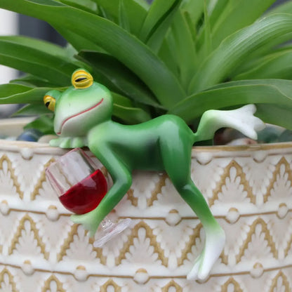 Tipsy Green Frog Flower Pot Hanger with Wine Glass Whimsical Garden Ornament