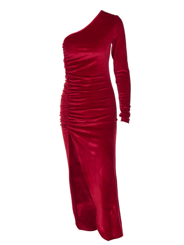 Elegant Velvet Bodycon Dress for Women Long Sleeve Split Midi Party Dress