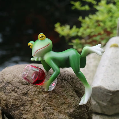 Tipsy Green Frog Flower Pot Hanger with Wine Glass Whimsical Garden Ornament