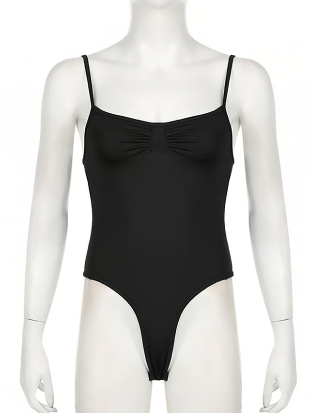 Sweetown Womens Bodysuit, Sleeveless Shirring Camisole, Skinny Spaghetti Strap Top, Black Solid Basic for Vacation