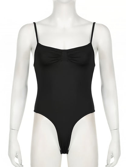 Sweetown Womens Bodysuit, Sleeveless Shirring Camisole, Skinny Spaghetti Strap Top, Black Solid Basic for Vacation