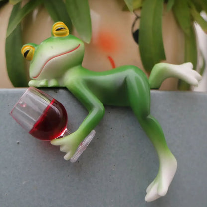 Tipsy Green Frog Flower Pot Hanger with Wine Glass Whimsical Garden Ornament
